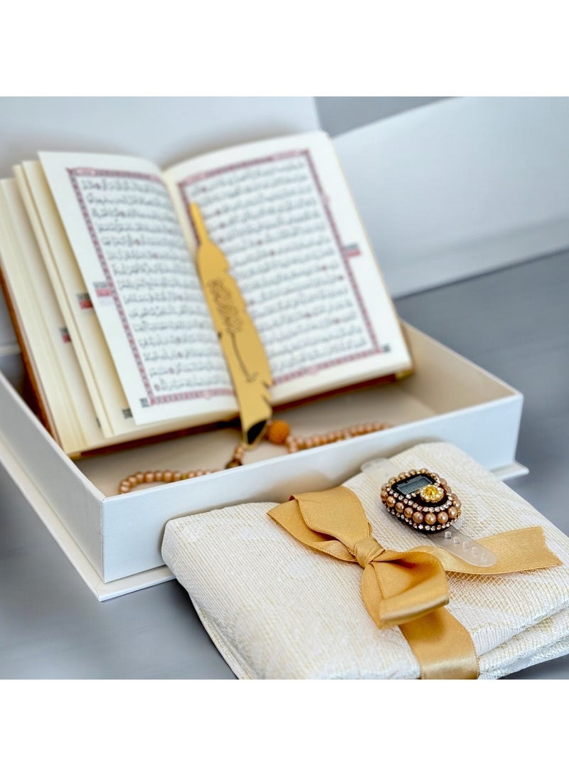 OLUDENIZ Gift Set in White with Velvet Arabic Quran Electronic Tasbih Beaded Rosary Prayer Mat and Golden Bookmark - Image 4